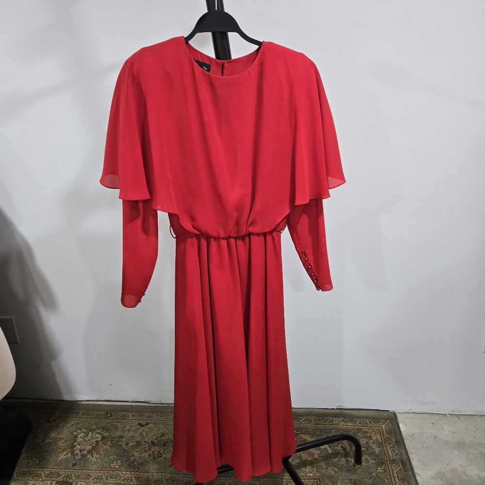 Vintage Ursula of Switzerland Vibrant Red Long Sleeve Dress, Cape Like Top